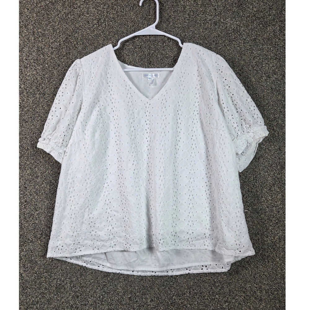 Draper James Blouse Womens XXL White Eyelet Lace V-Neck Puff Sleeve TOW0672